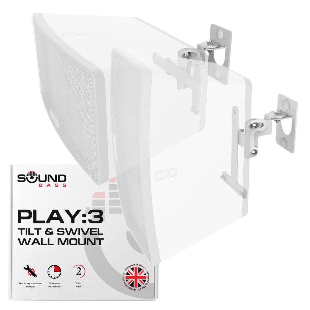 Sound Bass Play 3 Wall Mount Pair Compatible With Sonos Play:3 Only, Twin Pack, Adjustable Swivel & Tilt Mechanism, 2 Mounting Brackets Include White 19406411