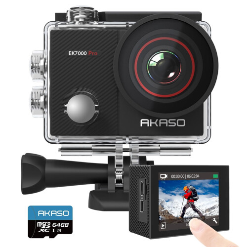 AKASO EK7000 Pro 4K Action Camera with 64GB microSDXC Memory Card - Touch Screen EIS Adjustable View Angle 40m Waterproof Underwater Camera Remote Co
