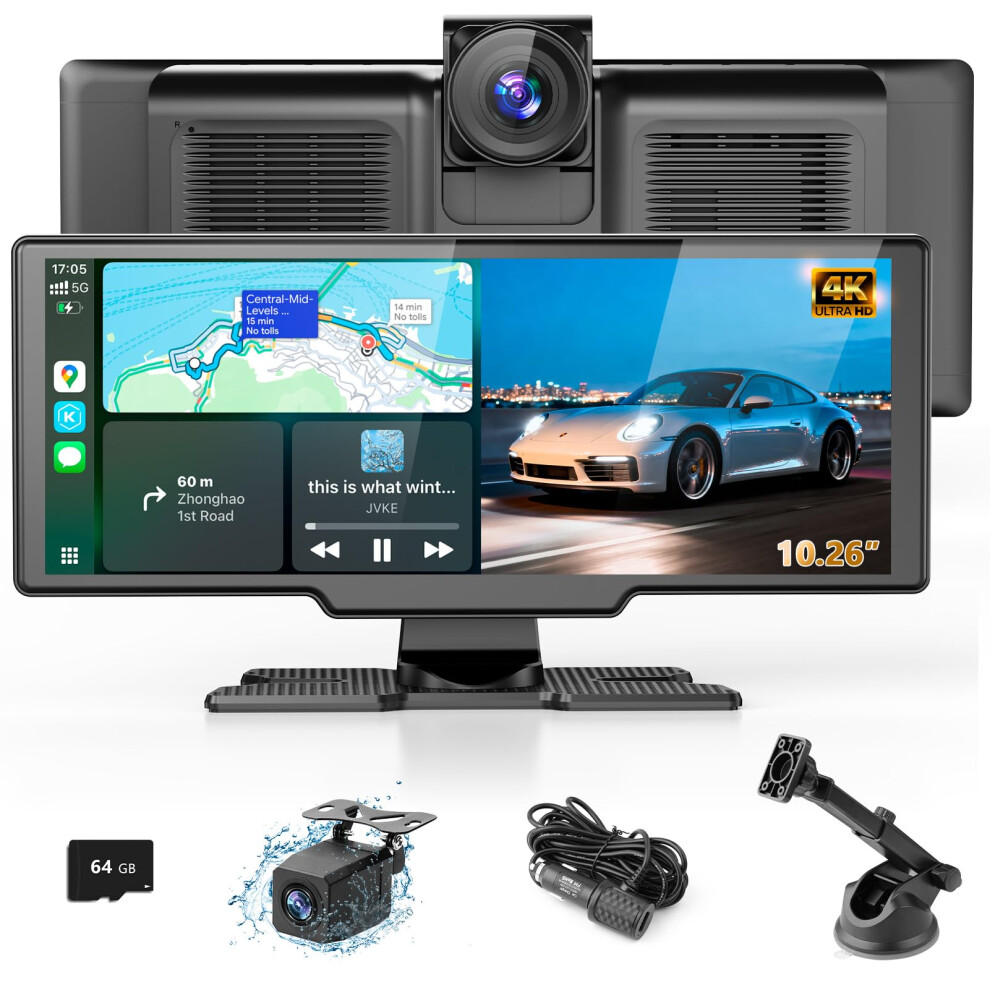 Portable Wireless Carplay Screen With Dashcam - Lehwey 10.26 Inch Car Play Tablet With 4K Front Dash Cam & 1080P Rearview Backup Camera, Bluetooth 5. 70221213
