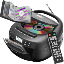KLIM CD Cassette Player with Case, Bluetooth Boombox, AM/FM Radio, Stereo Sound, Remote, CD and Cassette Combo, Tape Recording, USB Drive, AUX, AC/DC
