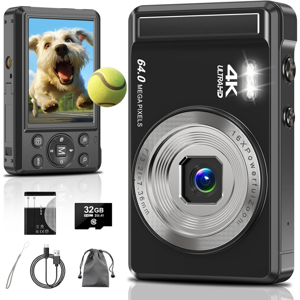 4K Digital Camera, 2.8 Inch 64Mp Uhd Compact Camera With 32Gb Card, 1200Mah Battery, 16X Digital Zoom Mini Autofocus Vlogging Camera For Kids, Beginn 64937557