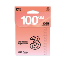 THREE 4G/5G SIM Card UK & ROAM FREE in over 70 destinations - PREPAID PAYG 15 Bundle - 75GB + (25GB FREE DATA) Unltd Texts & Mins - ROAMING ALLOWANC