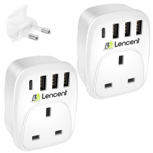 LENCENT 2 Packs UK to EU Euro Europe Plug Adapter, European Travel Adapter with 3 USB Ports and 1 USB C Port for Italy Switzerland Germany Spain Fran