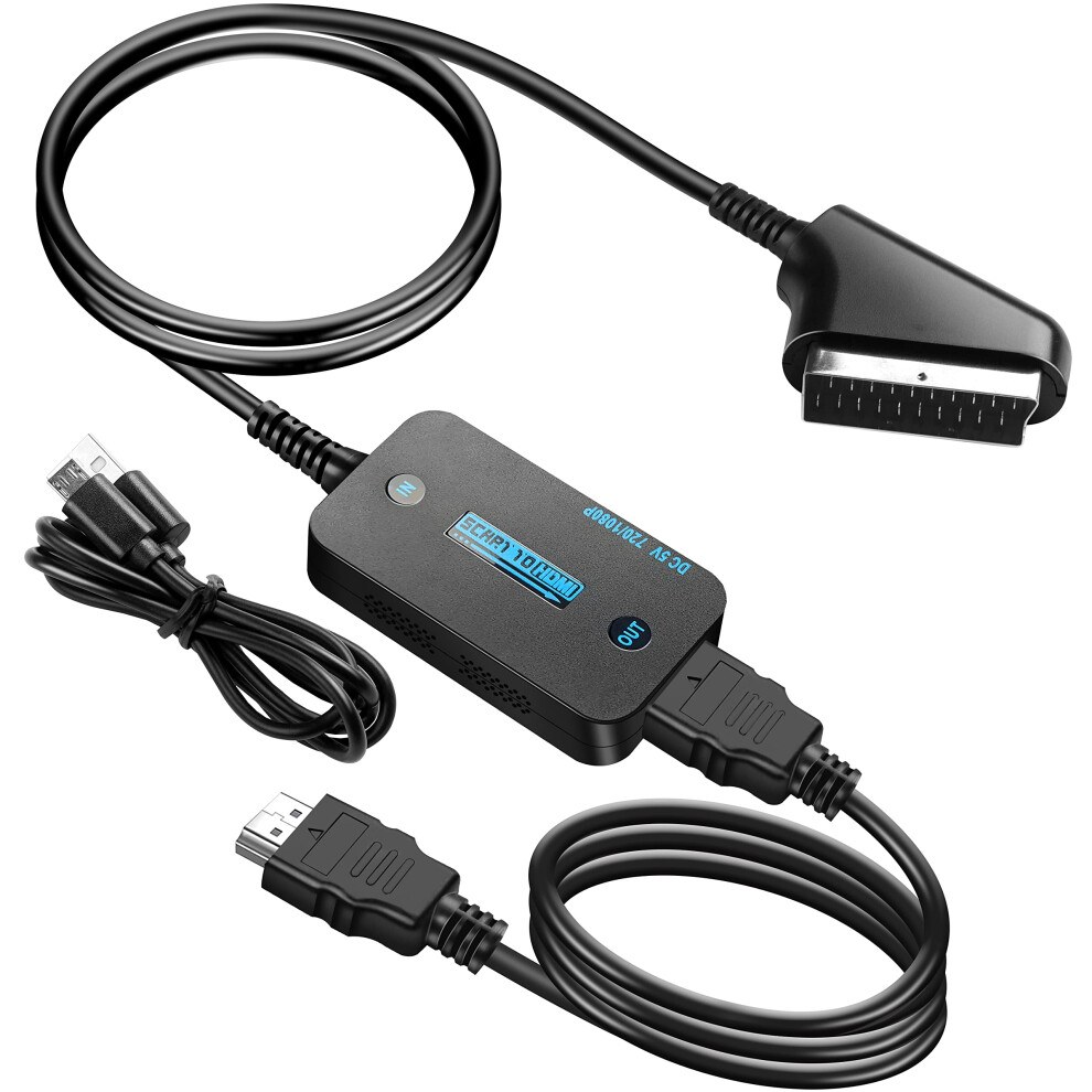 Kuyia Scart(Input) To Hdmi(Output) Converter With Hdmi & Scart Cable, Hd 720P/1080P Switch For Hdtv, Monitor, Projector, Stb, Vhs, Xbox, Ps3