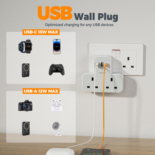 Plug Adapter with 3 USB Plug, TESSAN Double Plug A 2