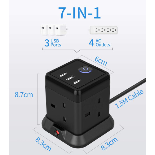 Cube Extension Lead with 3 USB Slots 13A 3250W Hul 1