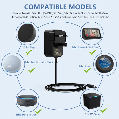 15W Power Cable Compatible with Echo Dot (3rd/4th Gen), Echo Show 5(1st & 2nd Gen), Echo Dot with Clock (3rd/4th/5th Gen), Echo Dot Kids Edition, Ech 2