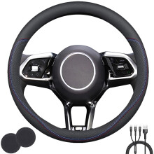Universal Steering Wheel Cover,Stylish Non-Slip Premium Leather Steering Wheel Cover for Steering Wheel with a Diameter of 14.5"-15" with 2 Coasters
