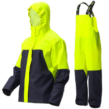 Men's PRO Workwear 3-Piece Waterproof Rain Jacket & Bib Pants Set - Heavy Duty PU Eco-Friendly 2-Tone Functional Design (Neon Yellow-Navy,Large)