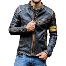 Real Leather Jacket Mens | Cafe Racer Black Leather Motorcycle Jacket | With Distressed Vintage Detail