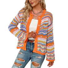 Pulover cu dungi pentru femei, cardigan tricotat curcubeu cu imprimeu cu dungi colorate, pulover tricotat cu mânecă lungă și guler rotund,