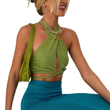 Crop Top til Kvinder, Draperet Rygløs Halter Top Asymmetrisk Kant Slim Fit Camisole Top, Ærmeløs Halter Neck Rygløs Camisole med Slipsdesign i