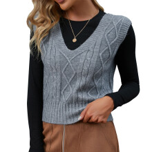 Dam V-ringad tröja med överdimensionerad lös passform, kabelstickad pullover, grovt tjockt, mysigt material, ärmlös stickat, vintagestil,