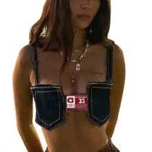 Bustier-top til kvinder, dyb V-hals ærmeløs korset-crop-top med udskæringsdetaljer Y2K-denimæstetik, slim fit denim-tanktop med