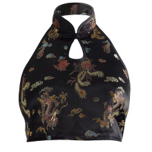 Top corto sexy sin espalda, camisola sin mangas para mujer con corte ajustado y estampado de dragón chino, elegante diseño de cuello halter para