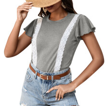 Maglietta corta da donna con bordo in pizzo, tessuto morbido ed elasticizzato, maniche corte, stile casual e alla moda, tunica/canotta per tutti i