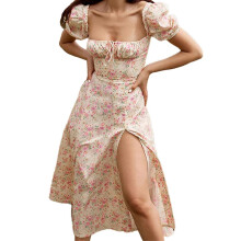 Rochie maxi pentru femei, de vară, cu mâneci bufante, florală, elegantă, lejeră, lungă, casual, pentru plajă, talie înaltă, decolteu