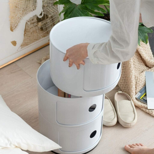 Round Plastic Bedside Table with Storage, MultiTier Modern Nightstand with Sliding Door 2