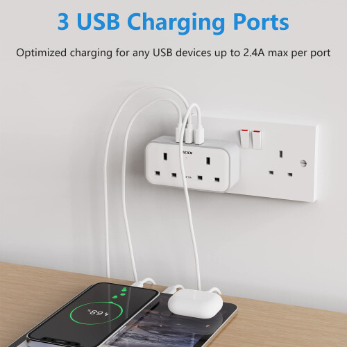 Plug Adapter with 3 USB, Mscien Double Plug Adaptor, Multi Plug Extension, Dual 2 Pin Socket at The Bottom, 13A UK Surge Protected Multiplug Extender, 2