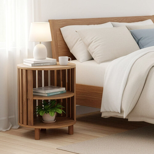 Round bedside table with openwork slats, 50 cm high - LIAM 1