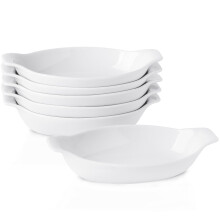Oval Porcelain Au Gratin Baking Dishes 11.8oz, Individual Casserole Bowls for Single Serve Desserts or Sides, Set of 6 White 9x4.6 Inch