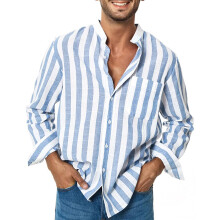 Camicia da uomo a maniche lunghe con stampa a righe verticali, abbottonatura frontale, leggera, traspirante, elasticizzata, vestibilità slim,