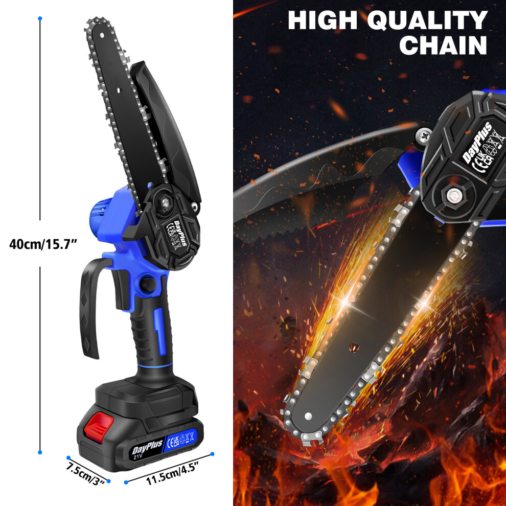 Youseahome (2 Batteries) Brushless Chainsaw 6Inch Cordless Electric Chain Saws With Chains 1300Mah Battery Handheld Chainsaws For Cutting Wood Gardening Pruning Blue