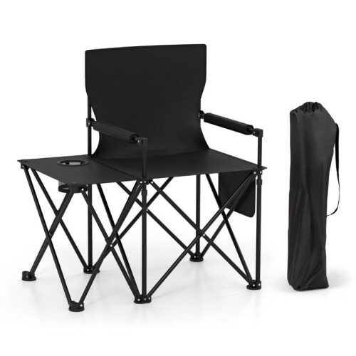 Conjunto de 2 cadeiras de camping dobráveis com mesa integrada, porta-copos e braços acolchoados, design preto