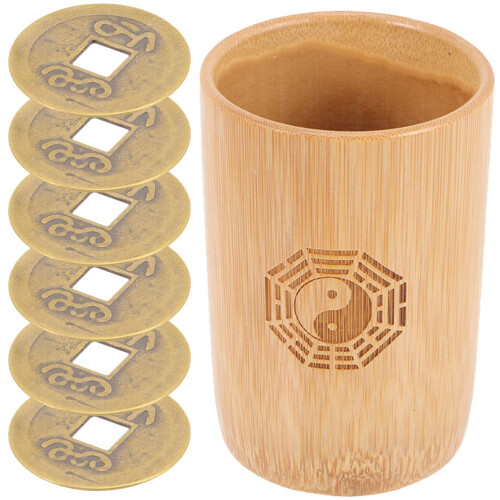 2Sets Chinese Divination Prop Copper Coin Bamboo Bucket Khaki Storage 1