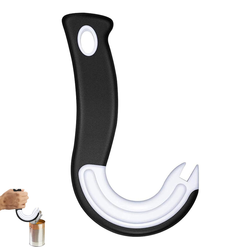 Black Can Opener For Seniors With Ergonomic Grip, J Shaped Easy Ring Pull For Locking Ring Cans