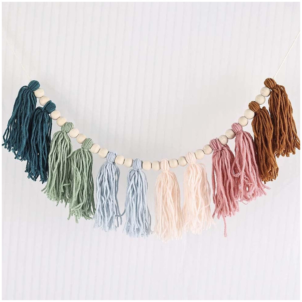 Boho Cotton Tassel Garland with Wooden Beads, Vibrant Rainbow Wall Decor for Party and Nursery