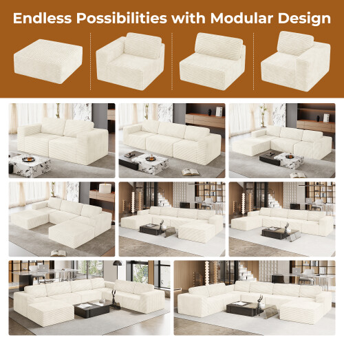 Three-Seater DIY Combination Corduroy Sofa-Beige 1