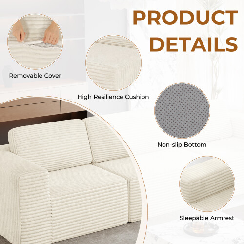 Three-Seater DIY Combination Corduroy Sofa-Beige 2