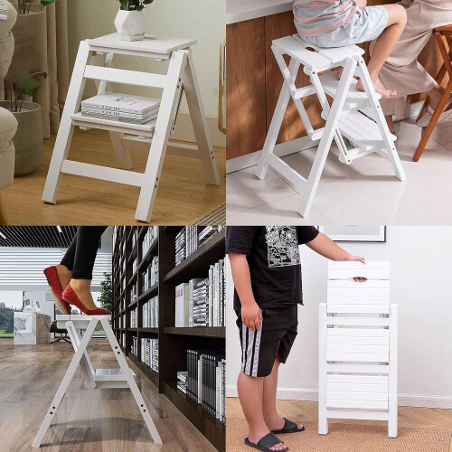 2 Tier Wooden Folding Step Stool with Wide AntiSlip Pedal for Kitchen Library Office Use 1