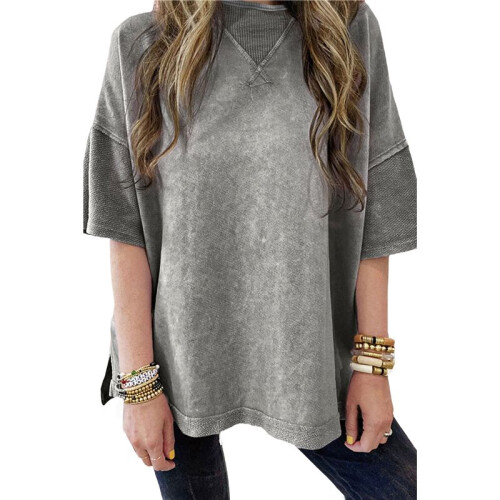 Summer Oversized Side Slits Casual Short Sleeve Basic Tees Gray M