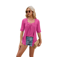 Fake Two-Piece Square Collar Patchwork Buttons 3/4 Sleeve Tunics Blouse T-Shirt Rose Red XL