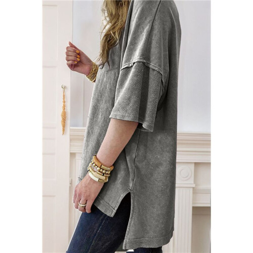 Summer Oversized Side Slits Casual Short Sleeve Basic Tees Gray M 2