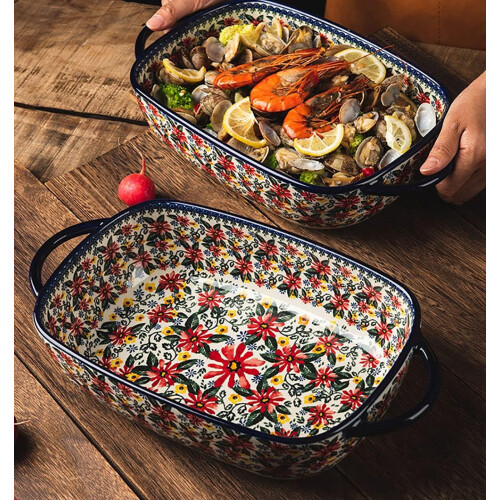 Ceramic Baking Dish with Handle, Large Rectangular Lasagna Casserole Pan for Oven Roasting 13.22 inch (B) 1
