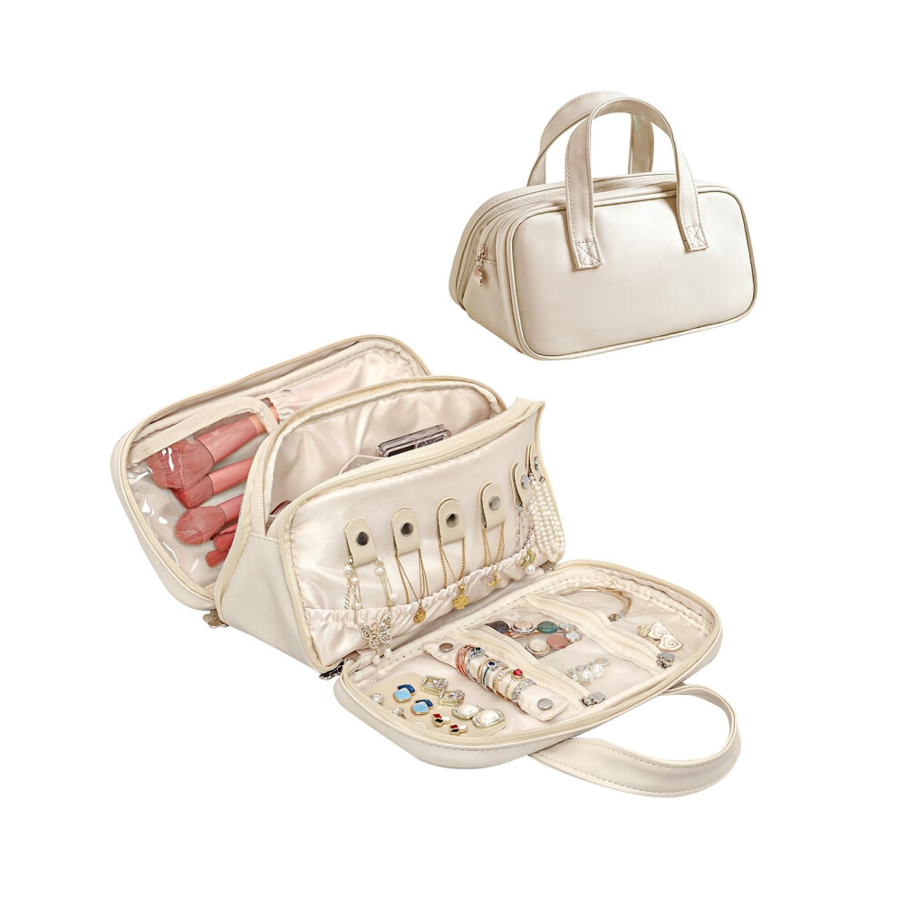 White Large Capacity Travel Makeup Bag For Women, Waterproof Pu Leather Cosmetic Organizer With Compartments And Handle,