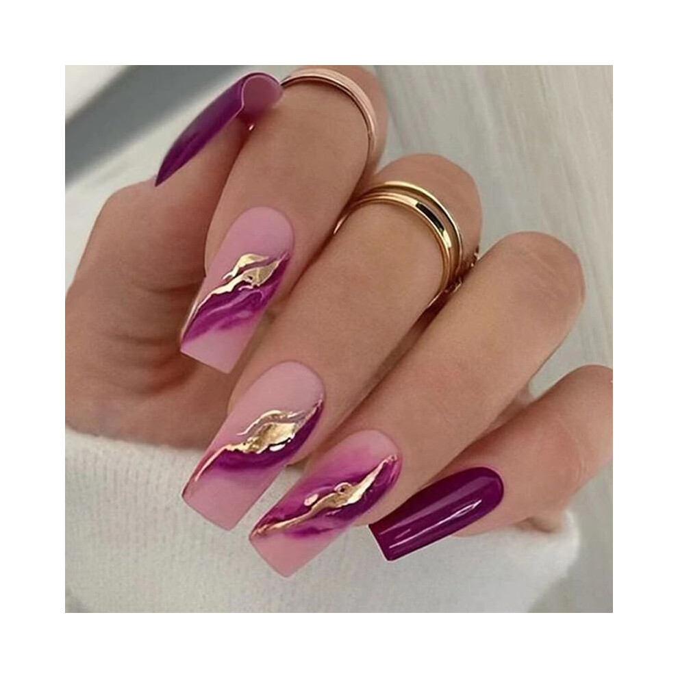 Pink,Gold Coffin Press On Nails Long Pink Gradient Marble Gold Foil Reusable Fake Nails With Glue