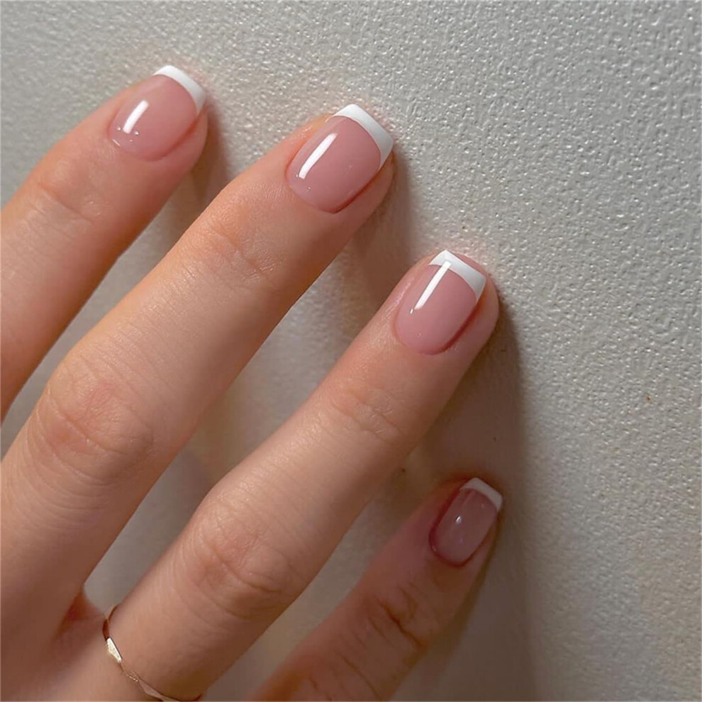 White Short Square Press On Nails French Tip Fake Nails 24Pcs Quick Apply Durable Finish
