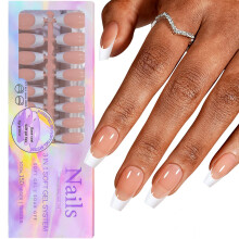 150pcs Long Square Gel Nail Tips with French Design, Preapplied Base Coat Press On Nail Extensions