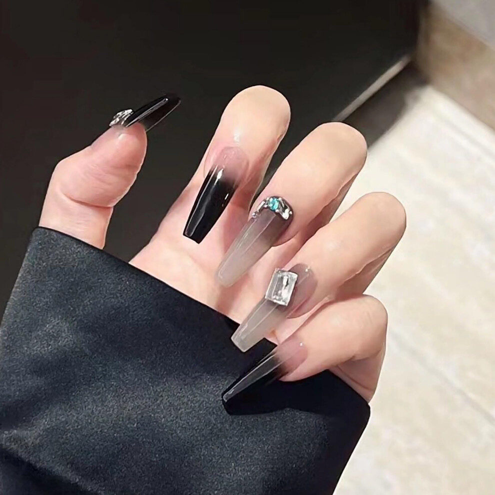 Black Press On Nails Coffin Fake Nails Ombre French Tip With Rhinestones 24Pcs Glue On Set