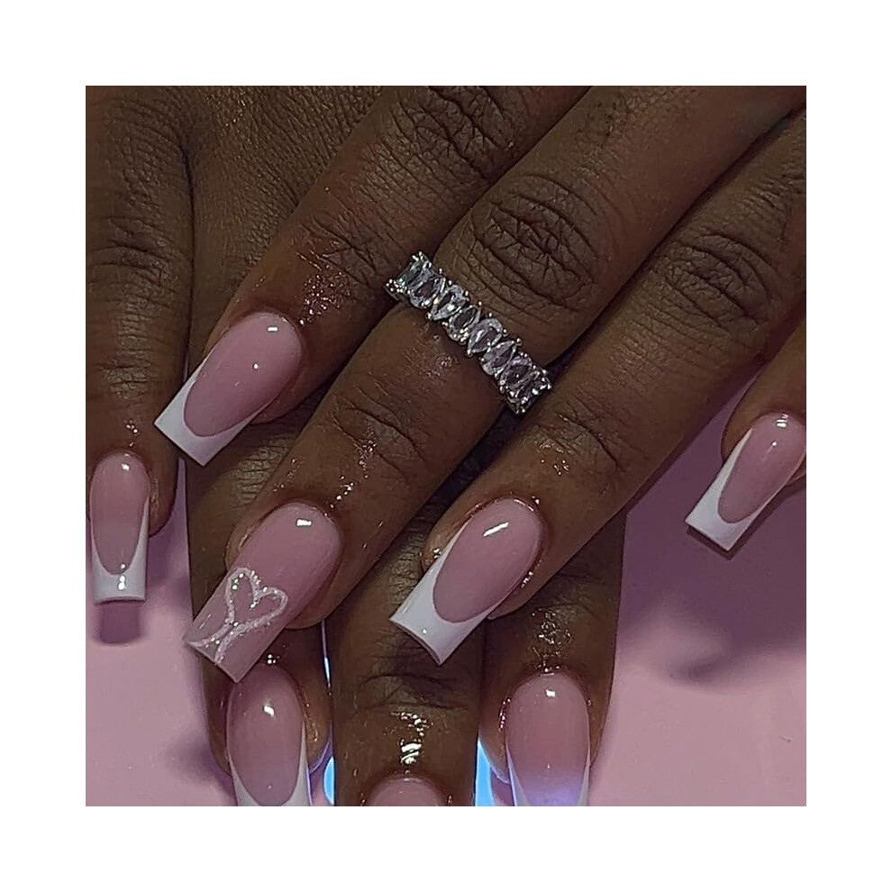 White,Cream Short Square Nude Press On Nails With White Heart, Reusable Fake Nail Tips For Women, 24Pcs