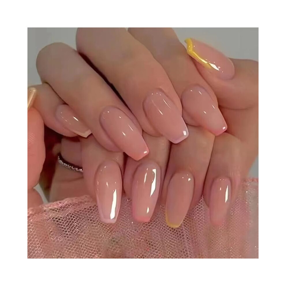 Cream Nude Coffin Press On Nails With French Tips, Glue On False Nails Kit For Women, 24Pcs Set