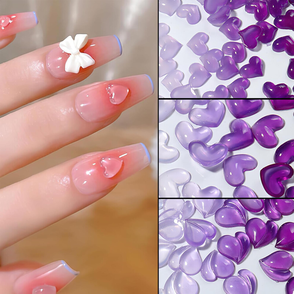 Color Changing Heart Nail Charms 3D Mixed Size Resin Gems Purple to Peach Nail Art Decorations 60pcs