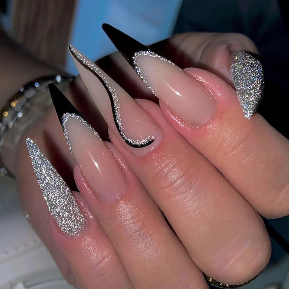 Long Stiletto Press On Nails with Glue, Black French Tip Glitter Design, 24pcs Acrylic Set