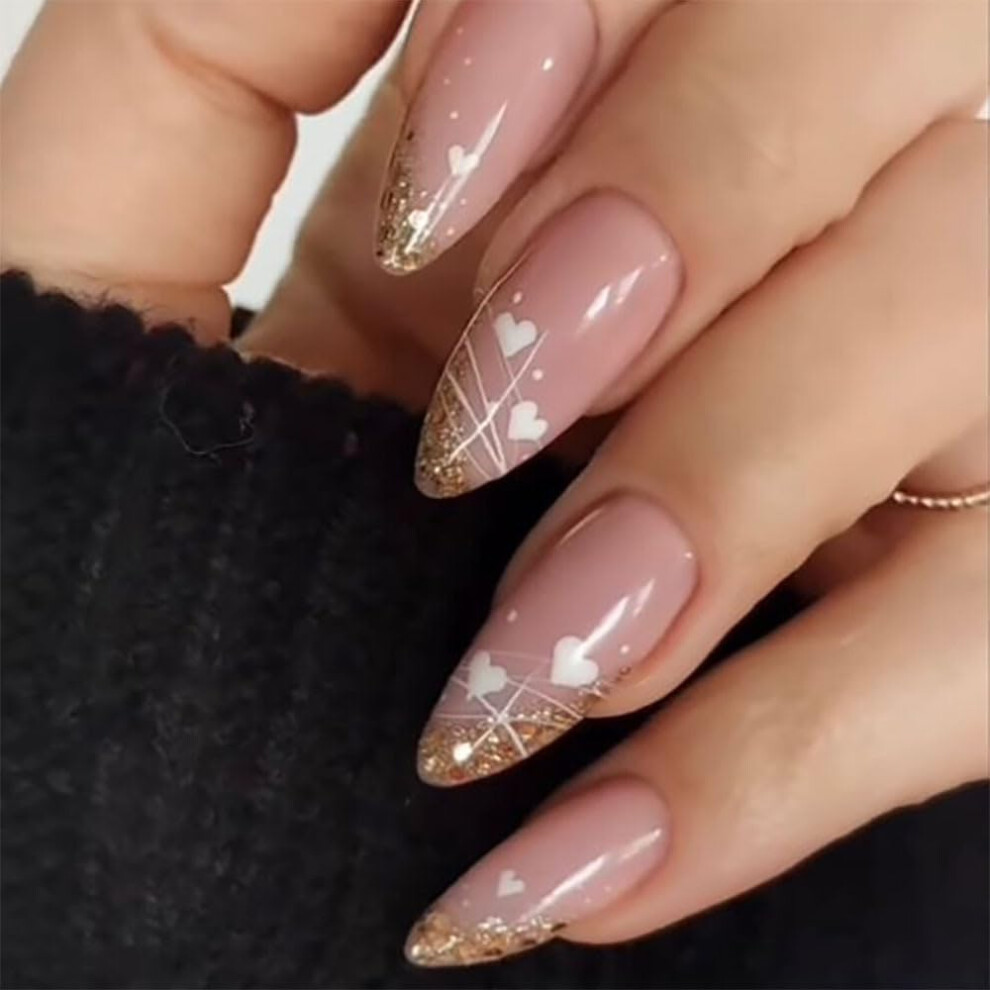 Gold Valentine's Day Press On Nails 24Pcs Medium Almond Fake Nails With Adhesive, French Edge
