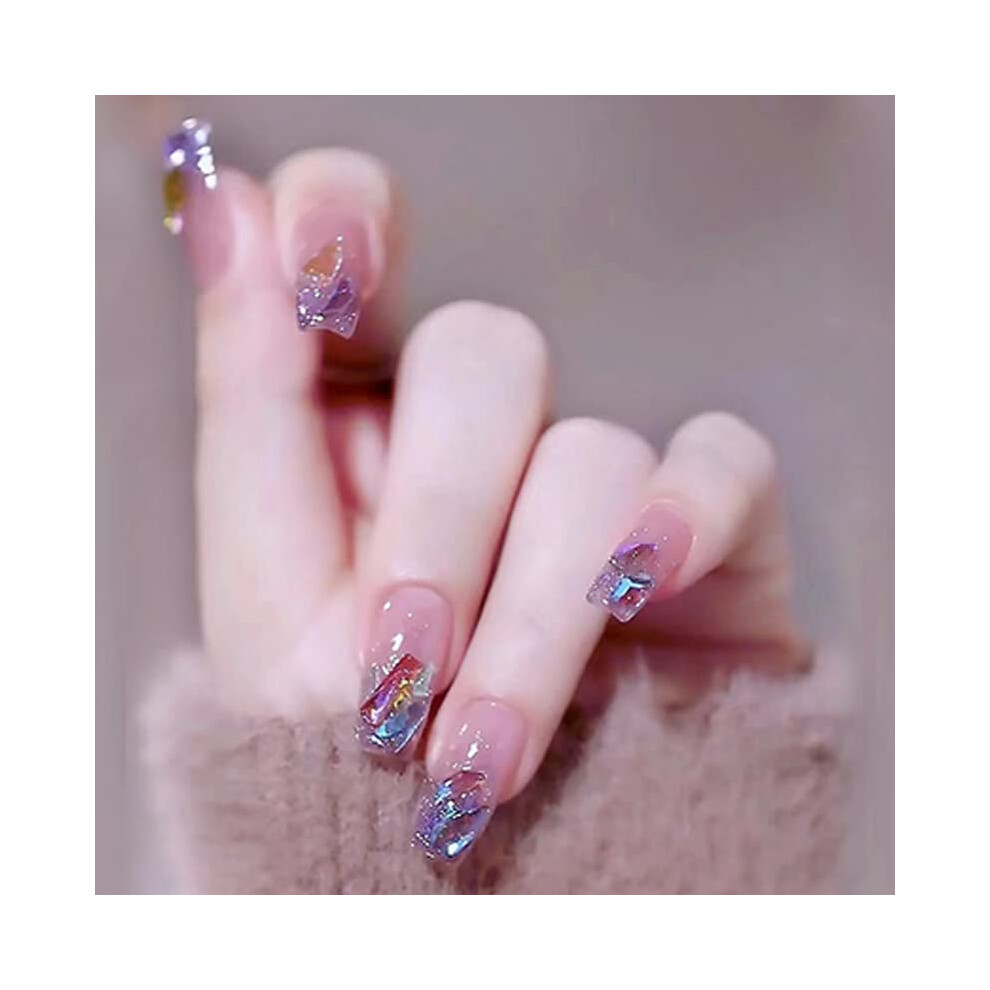 Cream Coffin Nude Lavender Press On Nails With Rhinestone Glitter Ballerina Fake Nails Set, Selfadhesive