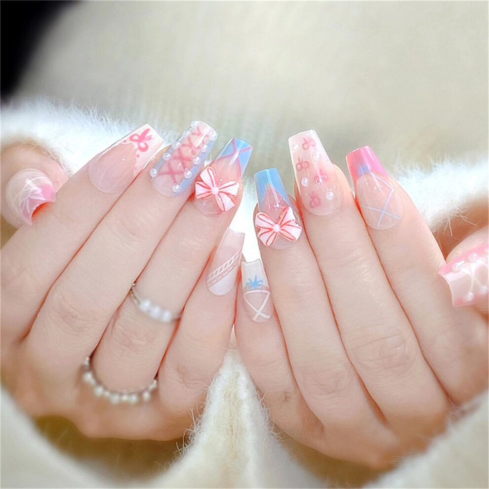 Coffin Press On Nails Set with Elegant Bowknot, French Tip Fake Nails 24pcs Full Cover for Women